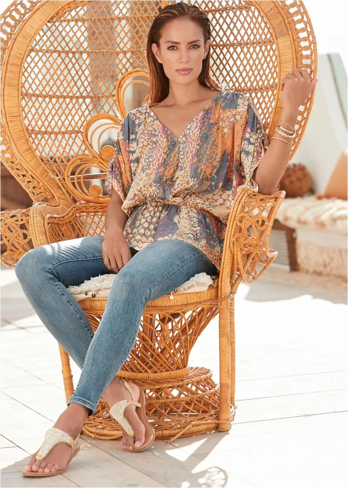 Abstract Mirage Printed Top Orange Multi Women VENUS Short Sleeve Tops