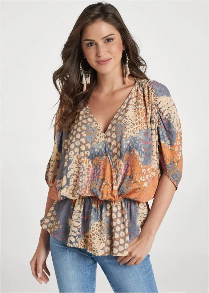 Abstract Mirage Printed Top Orange Multi Women VENUS Short Sleeve Tops