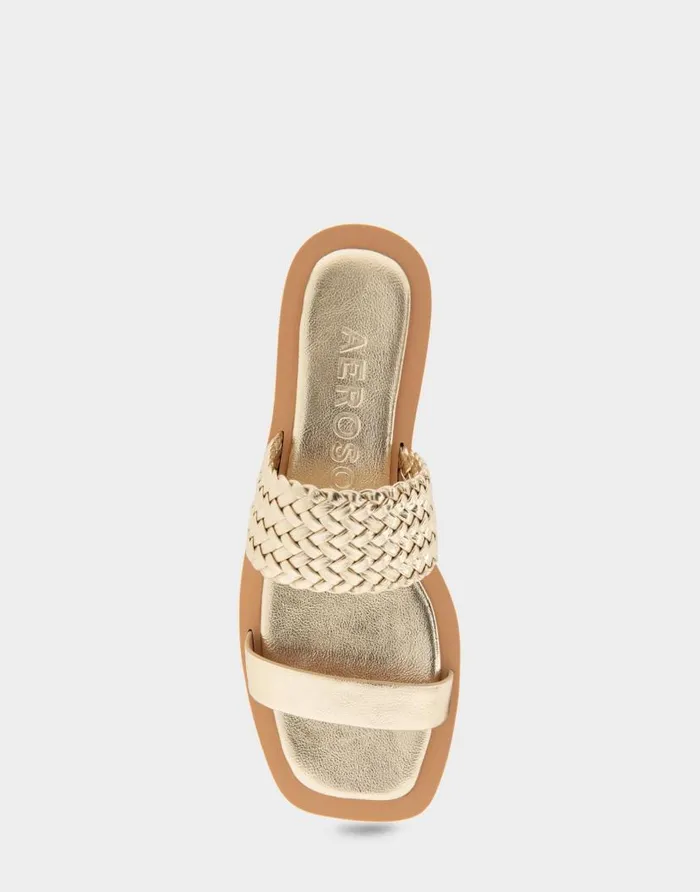 Aerosoles Comfortable Women039s Braided Double Strap Flat Sandal In Soft Gold Faux Leather Soft Gold Faux Leather Women Flats