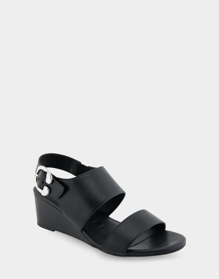 Aerosoles Comfortable Women039s Buckle Back Mid Wedge Sandal In Black Faux Leather Black Faux Leather Women Wedges