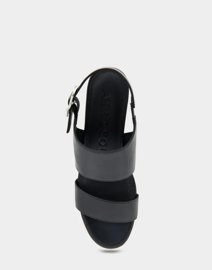 Aerosoles Comfortable Women039s Buckle Back Mid Wedge Sandal In Black Faux Leather Black Faux Leather Women Wedges
