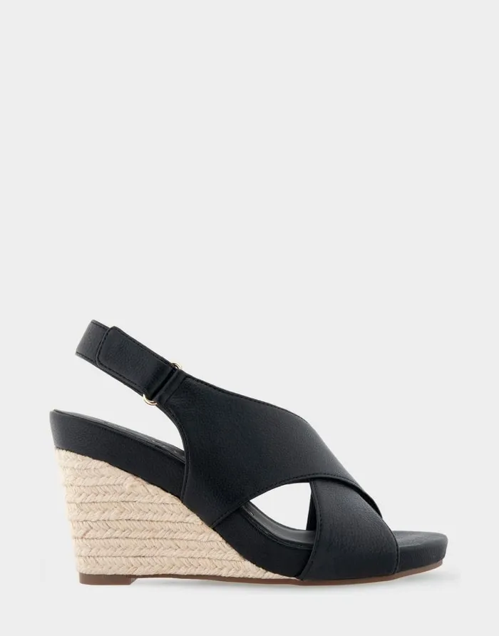Aerosoles Comfortable Women039s Crisscross Velcro Back Footbed Wedge Sandal In Black Faux Leather Black Faux Leather Women Dress