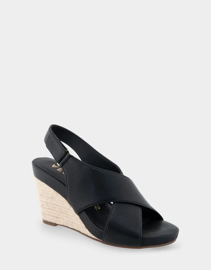 Aerosoles Comfortable Women039s Crisscross Velcro Back Footbed Wedge Sandal In Black Faux Leather Black Faux Leather Women Dress