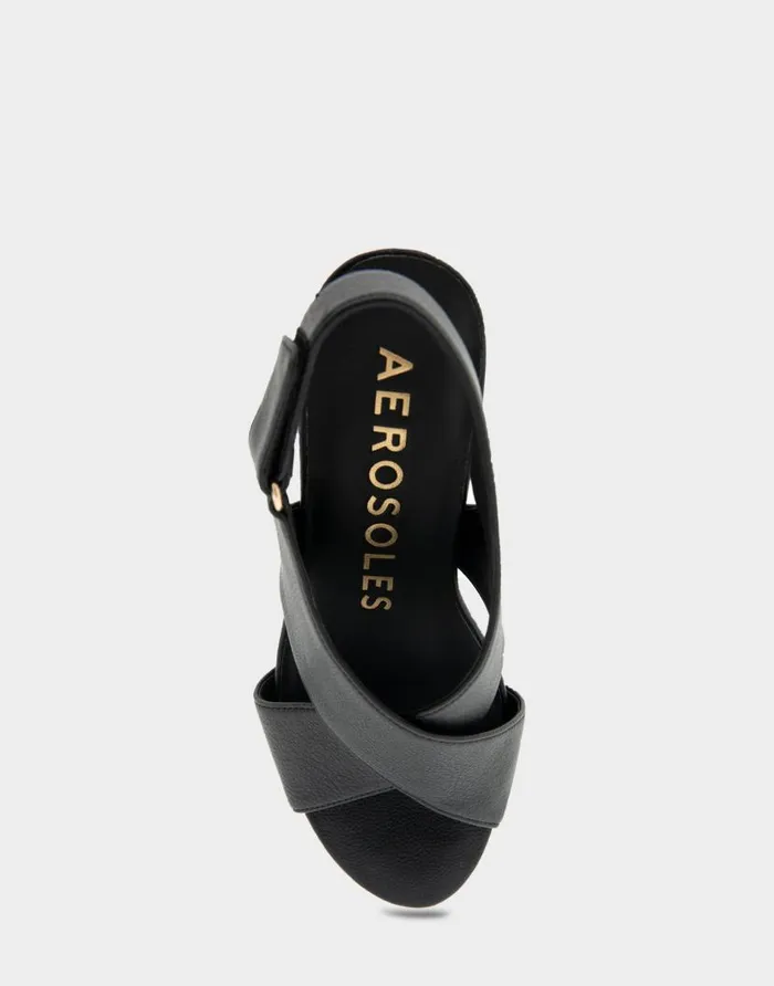 Aerosoles Comfortable Women039s Crisscross Velcro Back Footbed Wedge Sandal In Black Faux Leather Black Faux Leather Women Dress