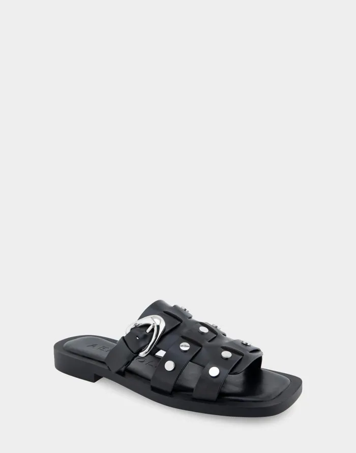 Aerosoles Comfortable Women039s Fisherman Flat Slide Sandal In Black Leather Black Leather Women Flats