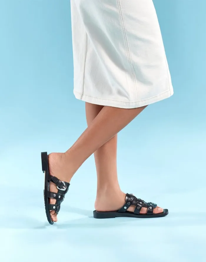 Aerosoles Comfortable Women039s Fisherman Flat Slide Sandal In Black Leather Black Leather Women Flats