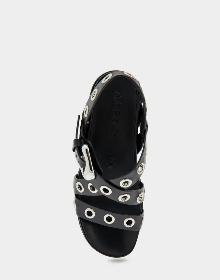 Aerosoles Comfortable Women039s Grommeted Strappy Molded Footbed Platform Sandal In Black Leather Black Leather Women Platforms