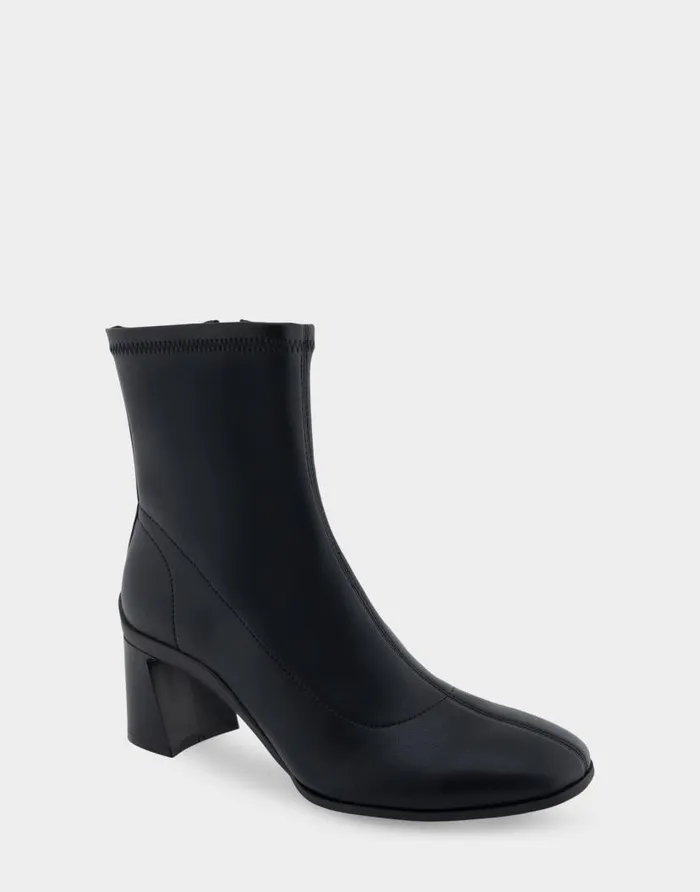 Aerosoles Comfortable Women039s Heeled Ankle Boot In Black Stretch Faux Leather Black Stretch Faux Leather Women Ankle Boots