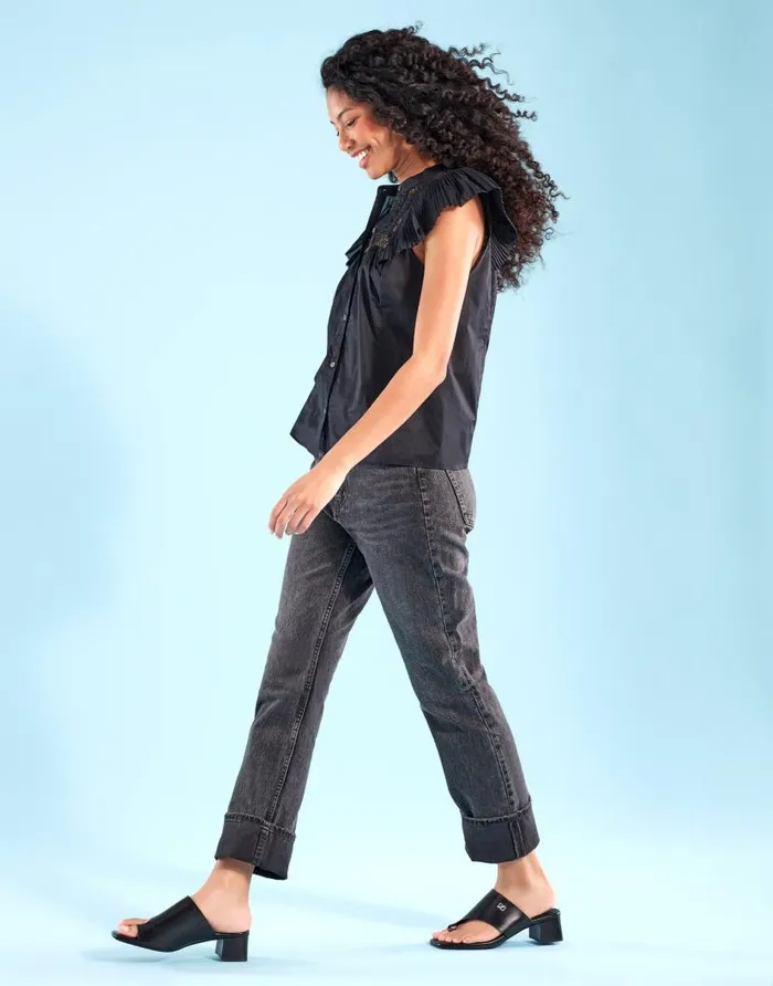 Aerosoles Comfortable Women039s Hooded Toe Ring Block Heel Slide Sandal In Black Leather Black Leather Women Clogs and Mules