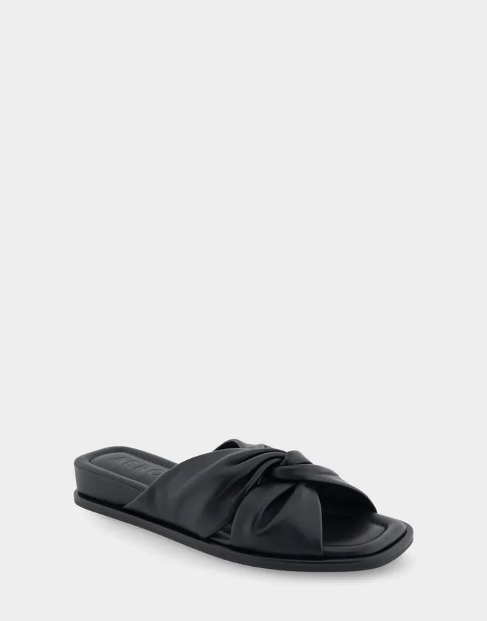 Aerosoles Comfortable Women039s Knotted Mini Wedge Slide Sandal In Black Leather Black Leather Women Clogs and Mules