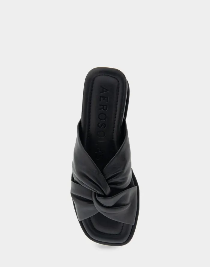 Aerosoles Comfortable Women039s Knotted Mini Wedge Slide Sandal In Black Leather Black Leather Women Clogs and Mules