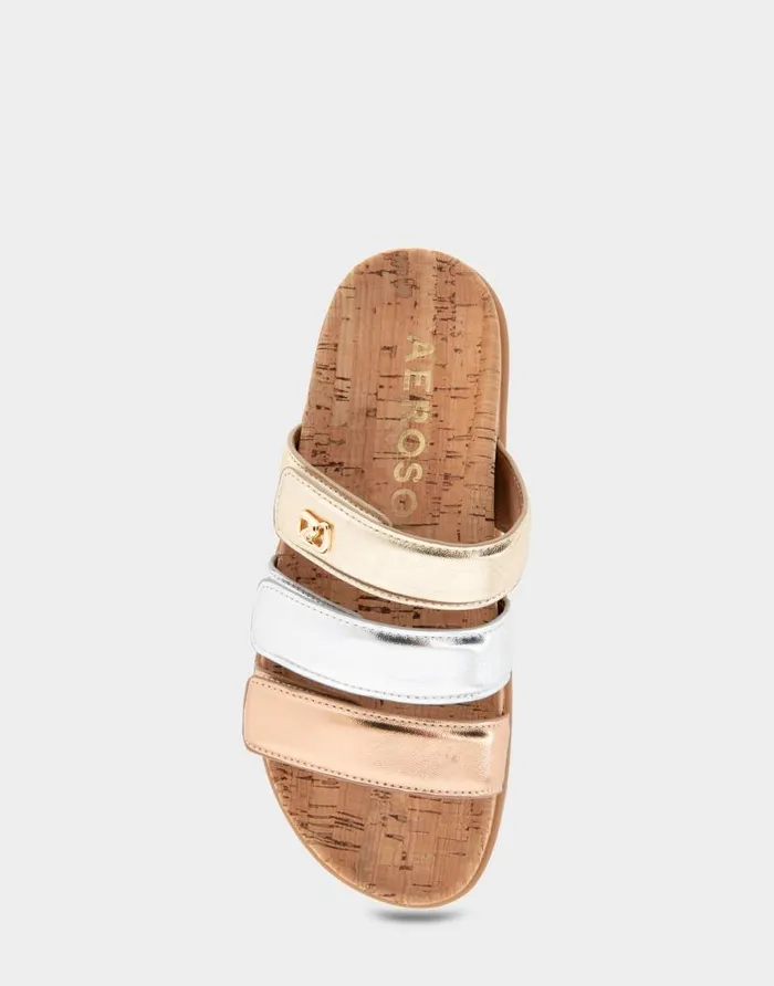 Aerosoles Comfortable Women039s Three Band Footbed Sandal In Rose Gold Leather Rose Gold Multi Leather Women Clogs and Mules