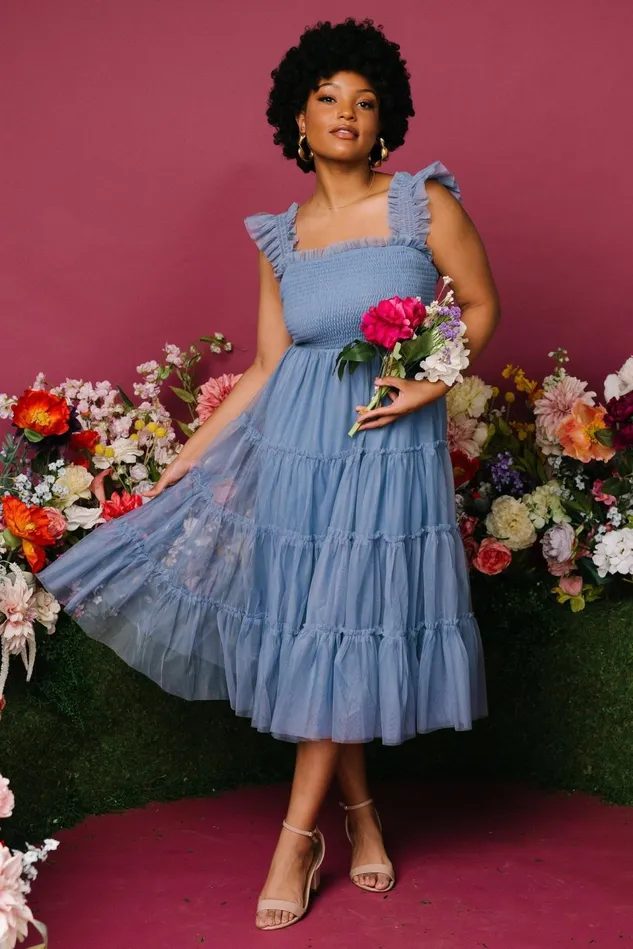 Baltic Born Bump Friendly Women Emma Smocked Tulle Dress Slate Blue