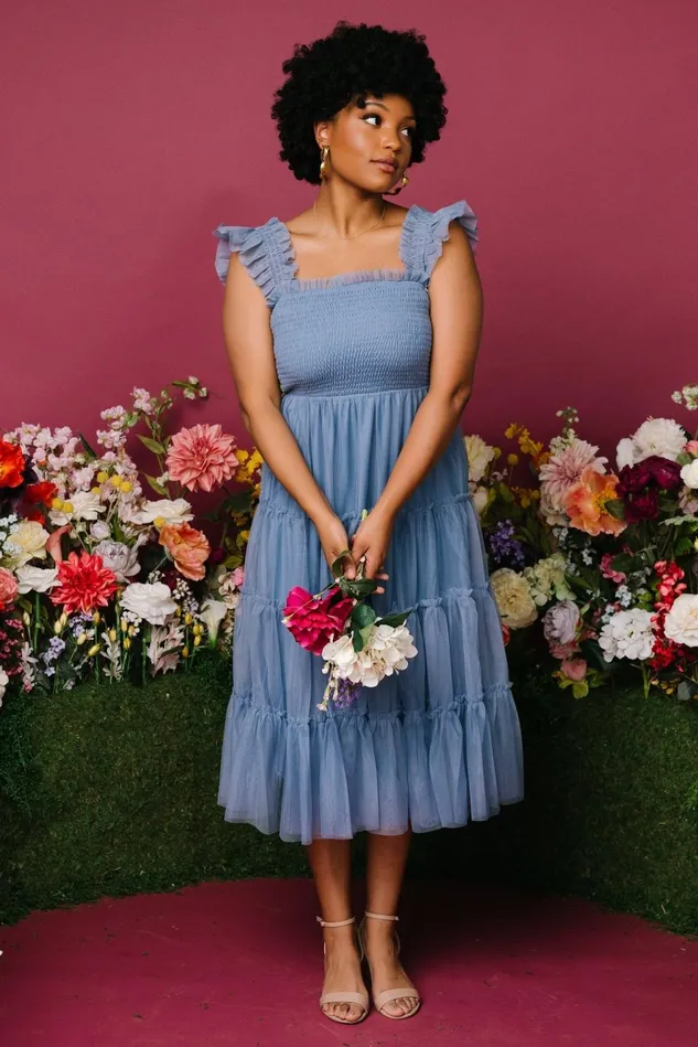 Baltic Born Bump Friendly Women Emma Smocked Tulle Dress Slate Blue Baltic Born Bump Friendly Women Emma Smocked Tulle Dress Slate Blue
