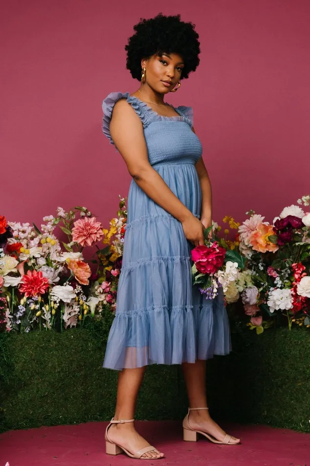 Baltic Born Bump Friendly Women Emma Smocked Tulle Dress Slate Blue Baltic Born Bump Friendly Women Emma Smocked Tulle Dress Slate Blue