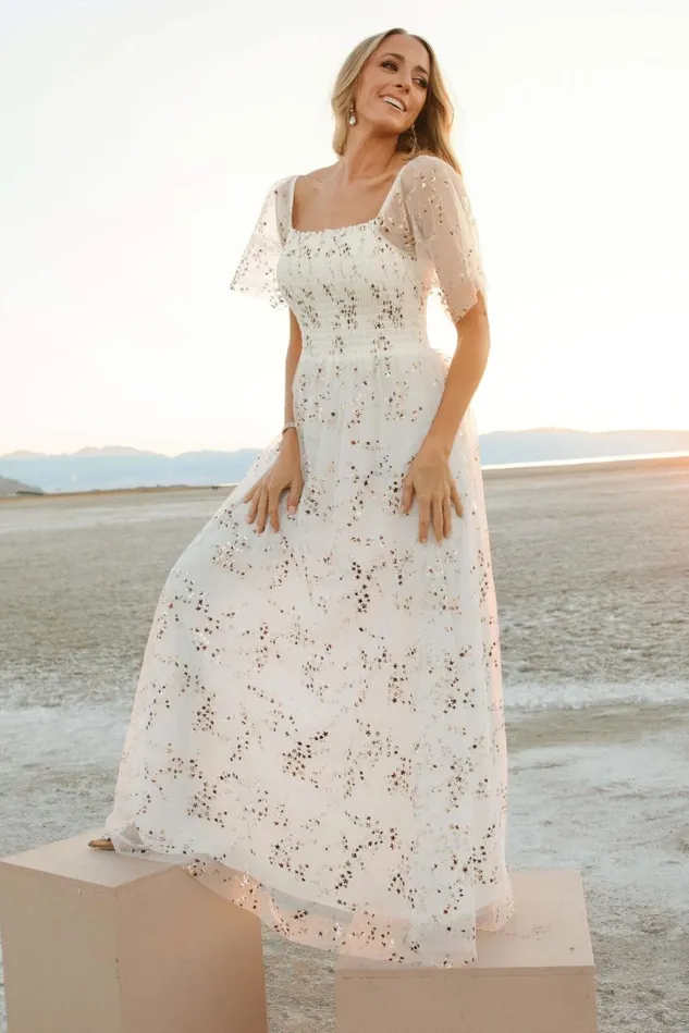 Baltic Born Embellished Sequin Women Cassandra Tulle Maxi Dress Metallic White