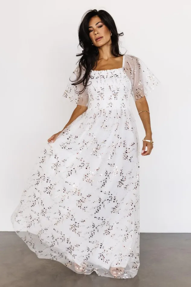 Baltic Born Embellished Sequin Women Cassandra Tulle Maxi Dress Metallic White Baltic Born Embellished Sequin Women Cassandra Tulle Maxi Dress Metallic White