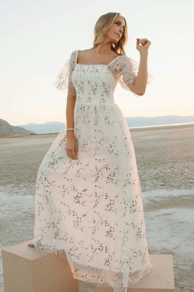 Baltic Born Embellished Sequin Women Cassandra Tulle Maxi Dress Metallic White Baltic Born Embellished Sequin Women Cassandra Tulle Maxi Dress Metallic White
