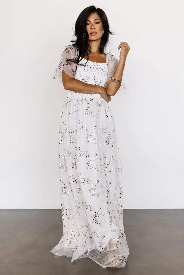 Baltic Born Embellished Sequin Women Cassandra Tulle Maxi Dress Metallic White Baltic Born Embellished Sequin Women Cassandra Tulle Maxi Dress Metallic White