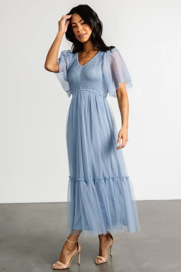Baltic Born Midi Dresses Women Martha Smocked Tulle Dress Dusty Blue Baltic Born Midi Dresses Women Martha Smocked Tulle Dress Dusty Blue