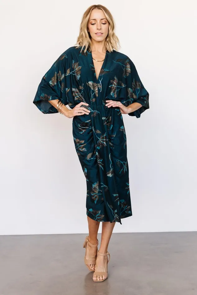 Baltic Born Midi Dresses Women Shaneen Ruched Midi Dress Jade Floral Shimmer