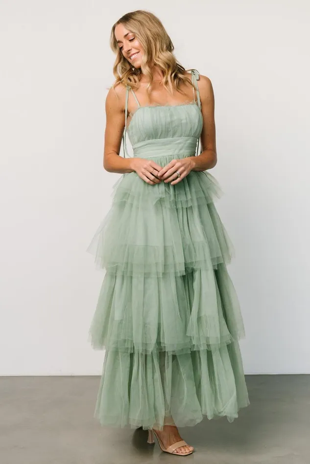 Baltic Born Wedding Guest Women Alora Tulle Tiered Maxi Dress Sage Green