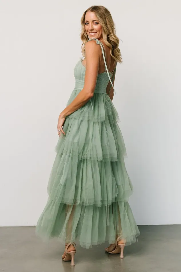 Baltic Born Wedding Guest Women Alora Tulle Tiered Maxi Dress Sage Green