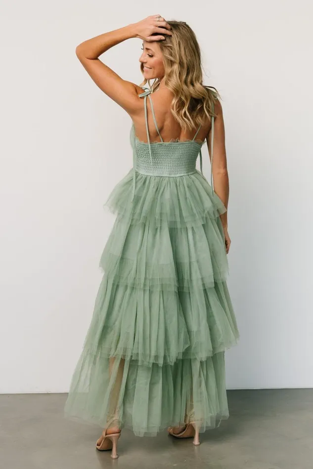 Baltic Born Wedding Guest Women Alora Tulle Tiered Maxi Dress Sage Green