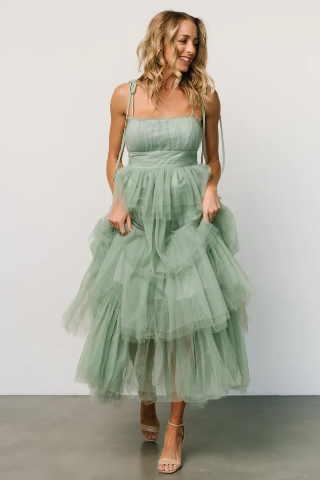 Baltic Born Wedding Guest Women Alora Tulle Tiered Maxi Dress Sage Green