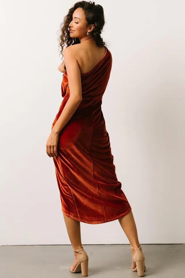 Baltic Born Wedding Guest Women Kourtney Velvet One Shoulder Midi Dress Rust