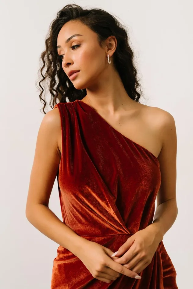 Baltic Born Wedding Guest Women Kourtney Velvet One Shoulder Midi Dress Rust
