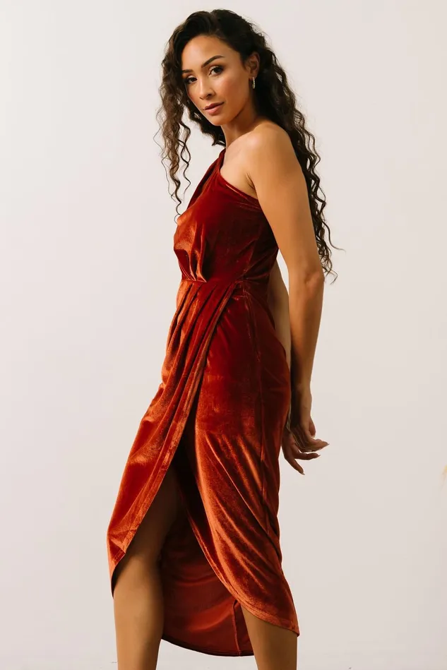 Baltic Born Wedding Guest Women Kourtney Velvet One Shoulder Midi Dress Rust