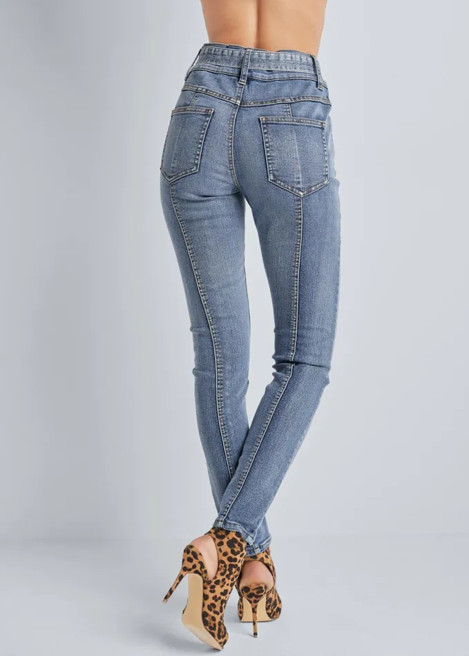 BELTED PINTUCK SKINNY JEANS Light Wash Women VENUS Skinny
