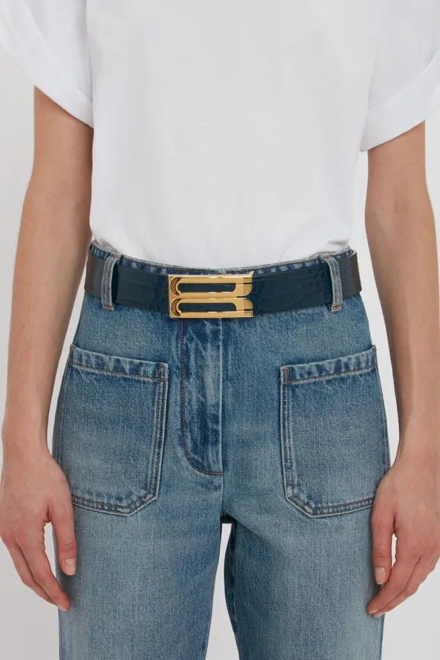 Belts Women Victoria Beckham Jumbo Frame Belt In Midnight Blue Croc Embossed Calf Leather Belts Women Victoria Beckham Jumbo Frame Belt In Midnight Blue Croc Embossed Calf Leather