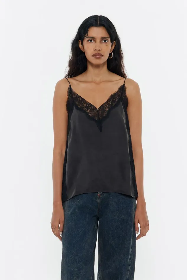 Black Lace Strappy Top Washed Black Women Bimba Y Lola Shirts