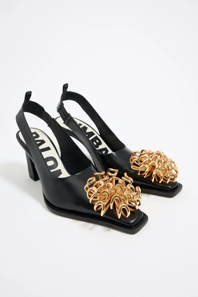Black Leather Slingback Court Shoe With Flower Black Women Bimba Y Lola Court Shoes