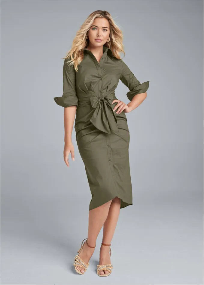 BUTTON DOWN SHIRT DRESS Olive Women VENUS Midi Dresses