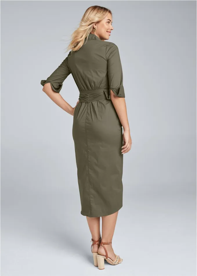BUTTON DOWN SHIRT DRESS Olive Women VENUS Midi Dresses