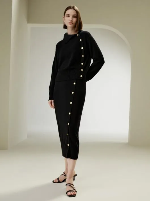 Cashmere Sweater With Row Of Side Buttons Women Lilysilk Knitwear