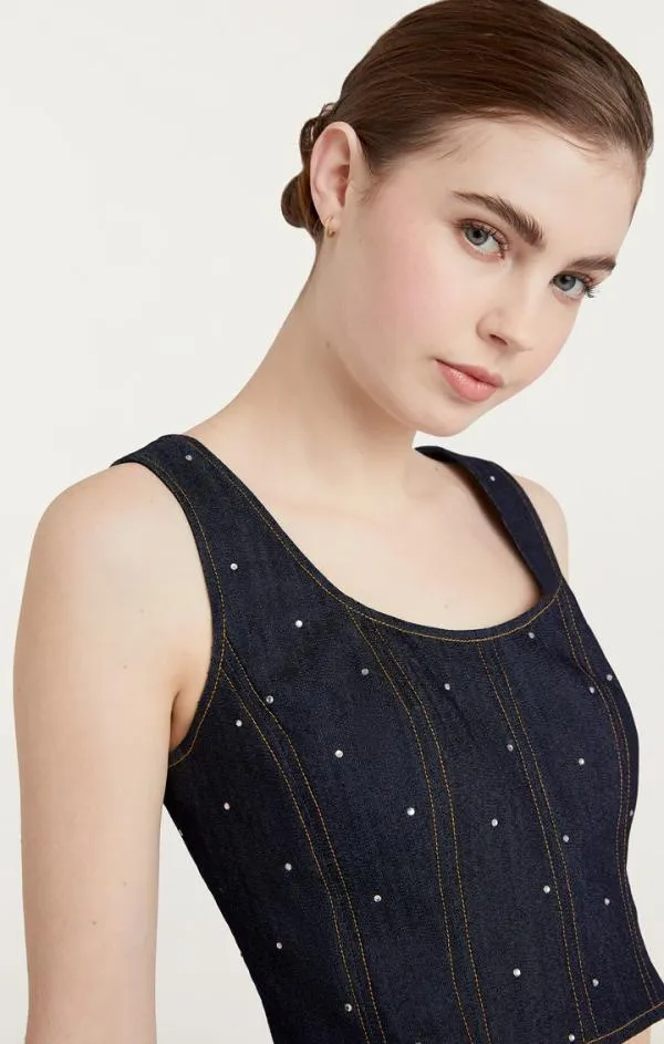 Cinq Sept Ditsy Rhinestone Ora Bustier Indigo Women Tank Tops and Camisoles