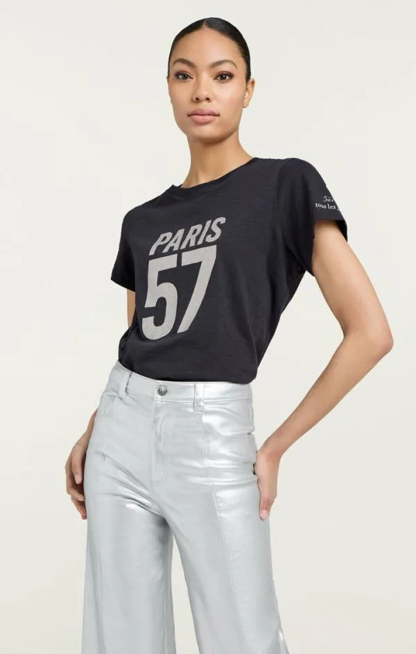 Cinq Sept Rhinestone Paris 57 Tee Navywhite Women Tees