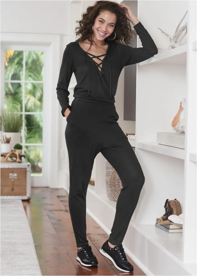 Cozy Hacci LaceUp Jumpsuit Black Women VENUS Cozy Loungewear