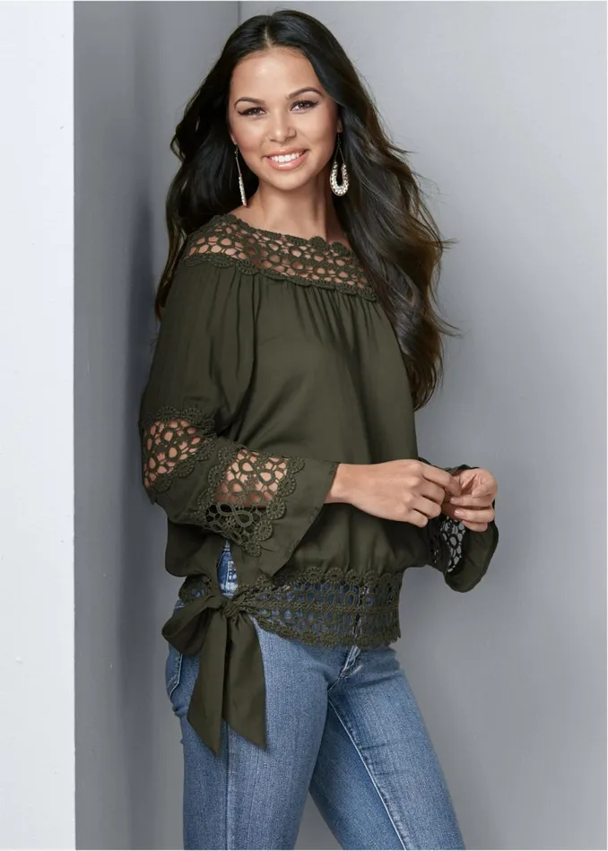 CROCHET SIDE TIE TOP Olive Women VENUS Casual Tops