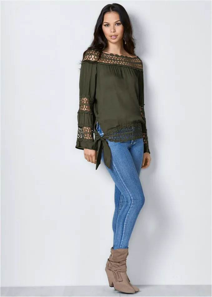 CROCHET SIDE TIE TOP Olive Women VENUS Casual Tops