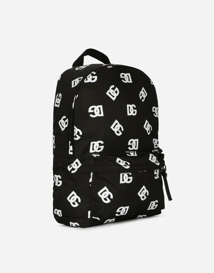 Dolce and Gabbana Accessories Children Nylon Backpack With Allover DG Logo Print Multicolor