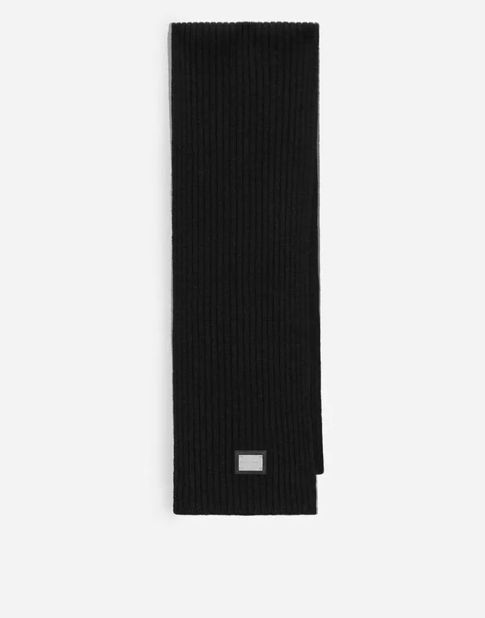 Dolce and Gabbana Accessories Children Ribbed Knit Scarf With Logo Tag Black