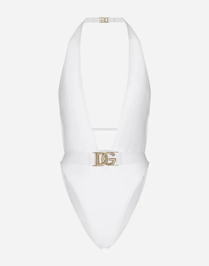 Dolce and Gabbana Beachwear Women Onepiece Swimsuit With Plunging Neck And Belt White