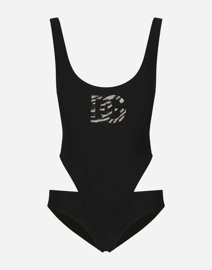 Dolce and Gabbana Beachwear Women Racing Swimsuit With Bikini Bottoms And DG Logo Black