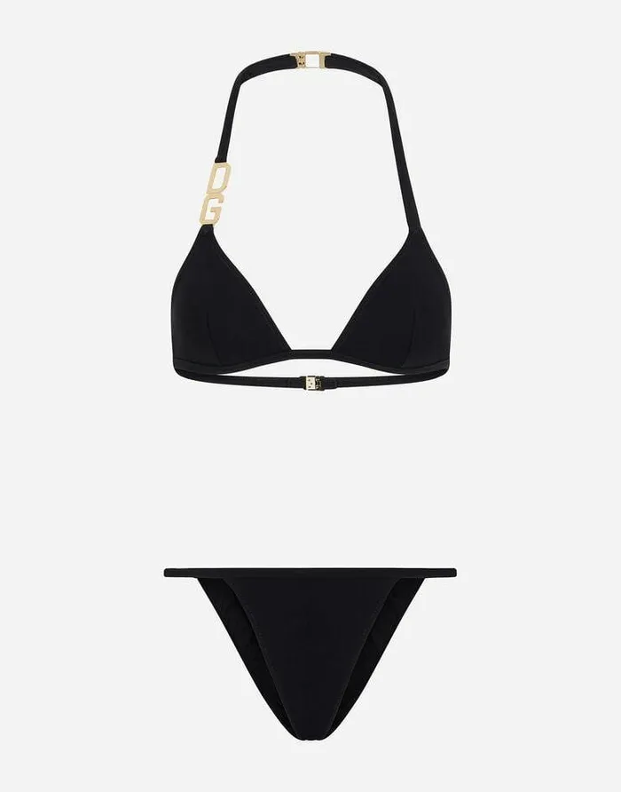 Dolce and Gabbana Beachwear Women Triangle Bikini With DG Logo Black
