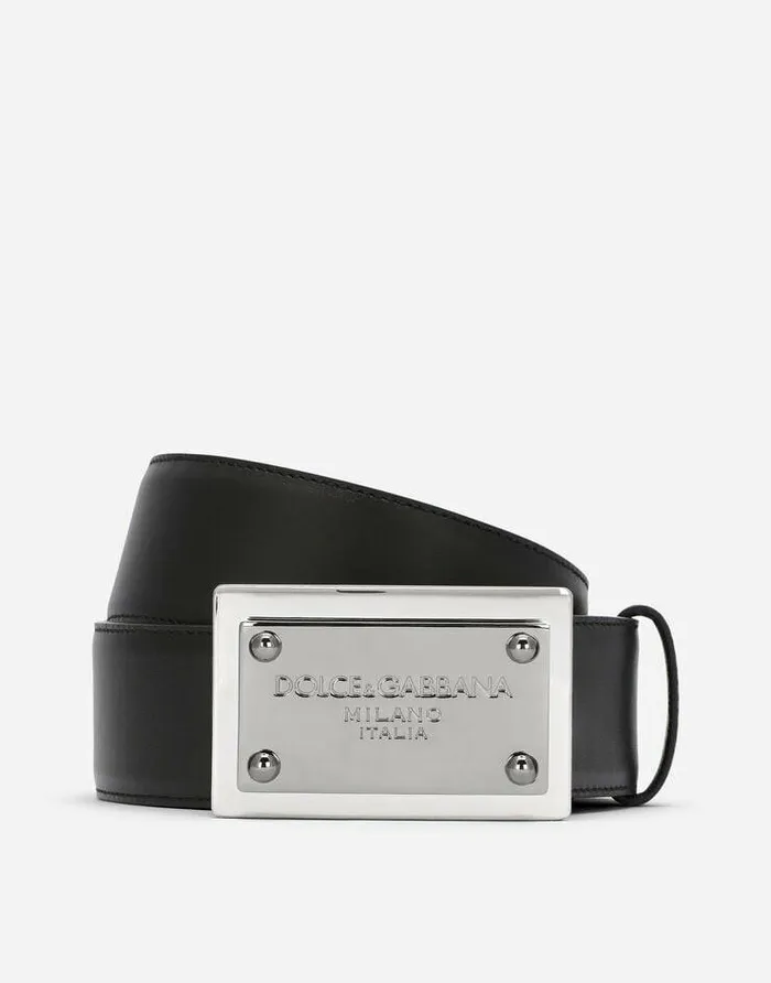 Dolce and Gabbana Belts Men Calfskin Belt With Branded Tag Black